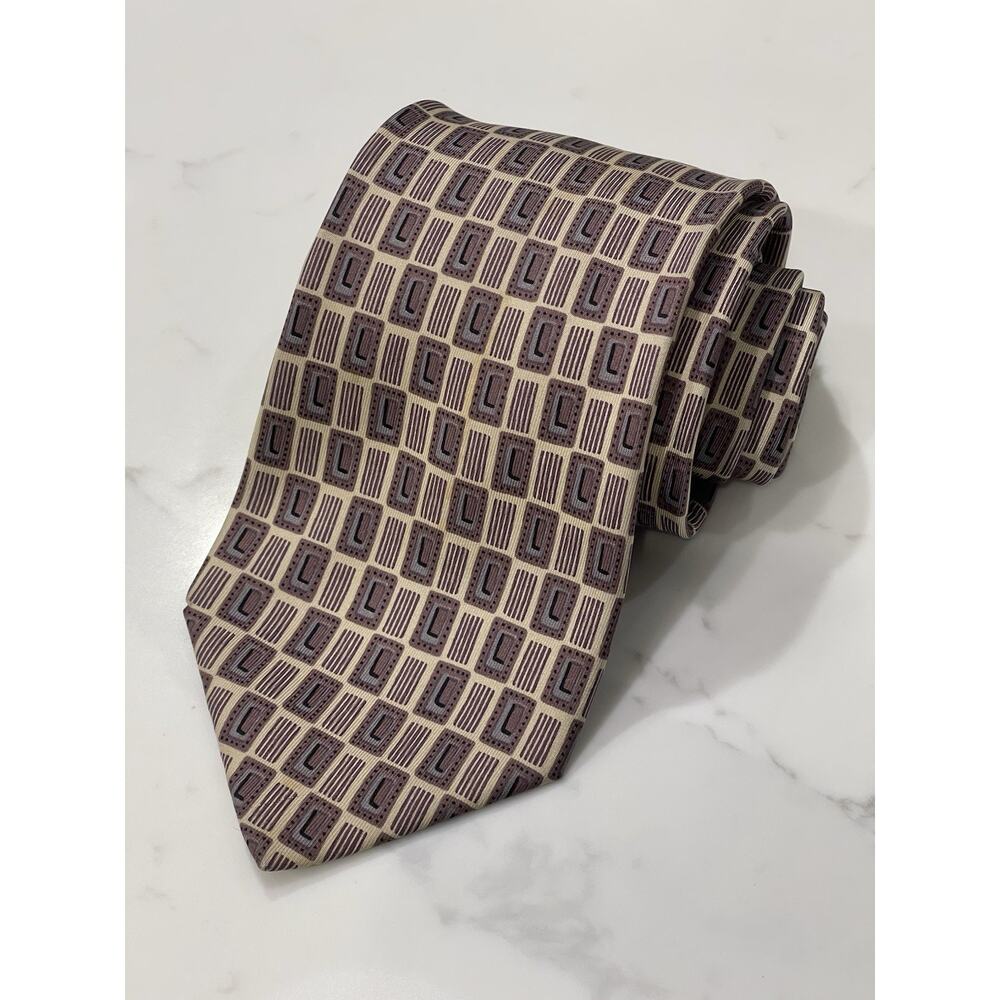 Kenneth Roberts Silk Tie Made in Italy Geometric Brown 61.5 x 3.5 XL